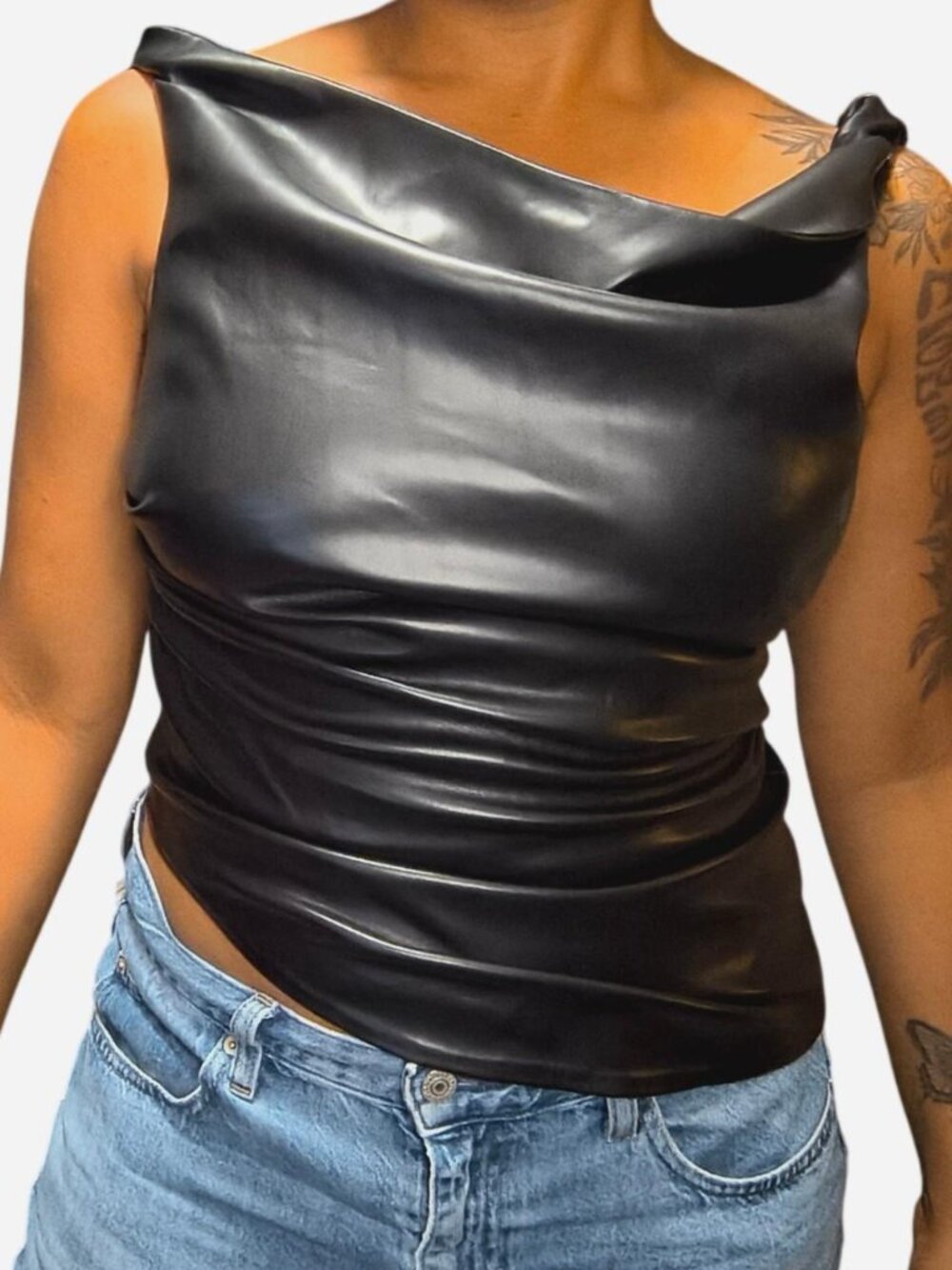 MNG Mango Black Faux Leather Draped Cowl-Neck Tank Top